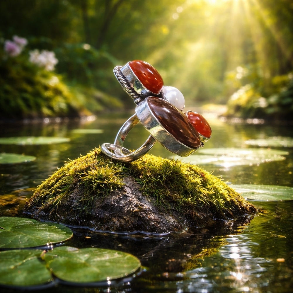 925 Signed Multi Stone Statement Ring Size 8 Red … - image 2